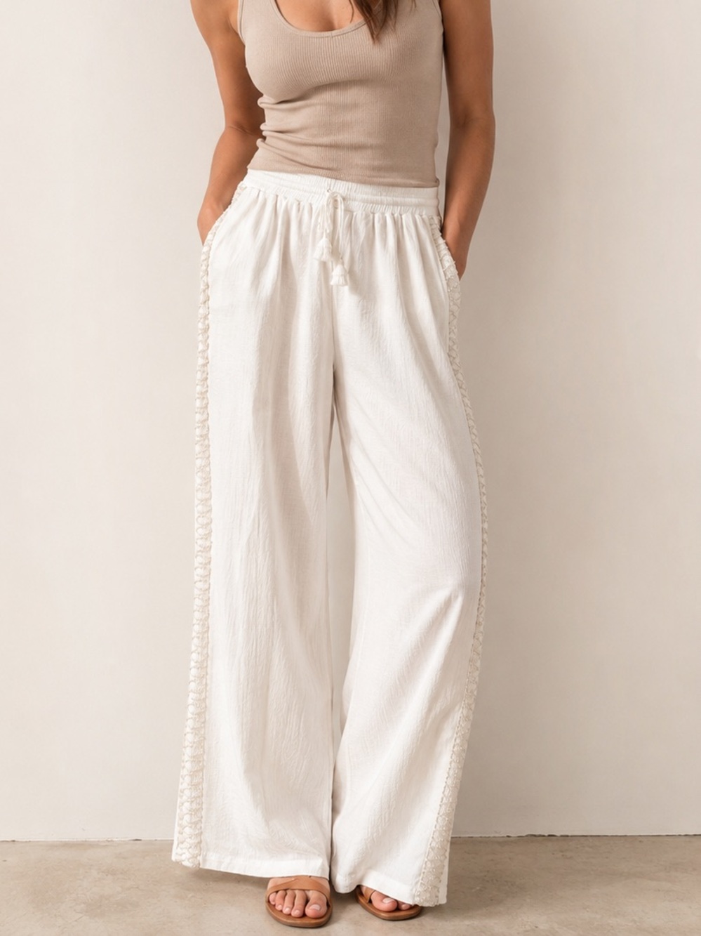 Hale Bob White Crinkled Viscose Wide Leg Pants XS